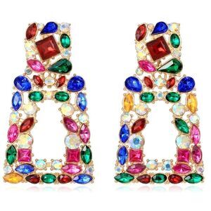 Yellow Gold with Multicolored Crystal Geometric Rectangle Post Back Earrings